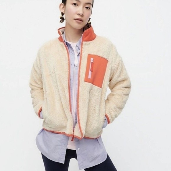 J Crew Jacket Womens Size Medium Cream Orange Superplush Sherpa Fleece Full Zip - Picture 1 of 14